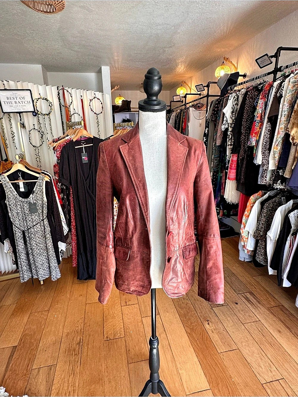 Zara Basic Distressed Burgundy Leather Blazer